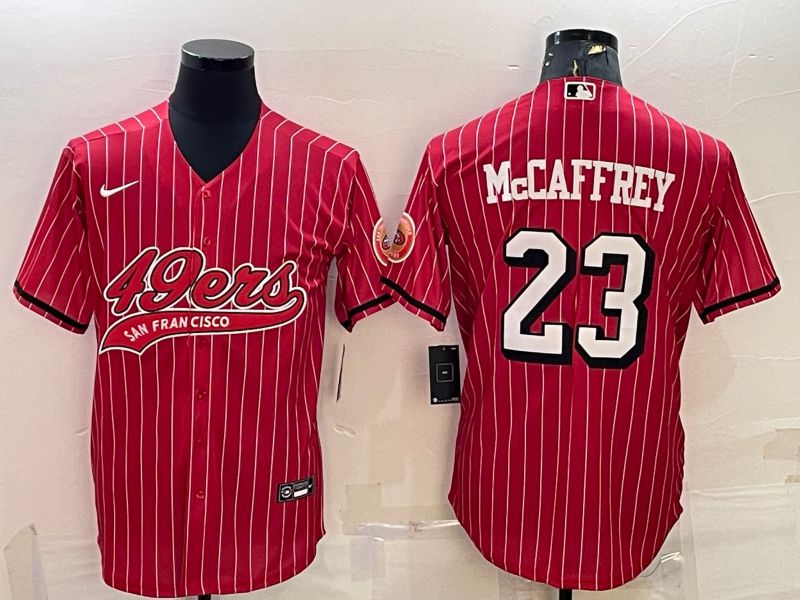 Men San Francisco 49ers 23 Mccaffrey Red stripe 2022 Nike Co branded NFL Jerseys